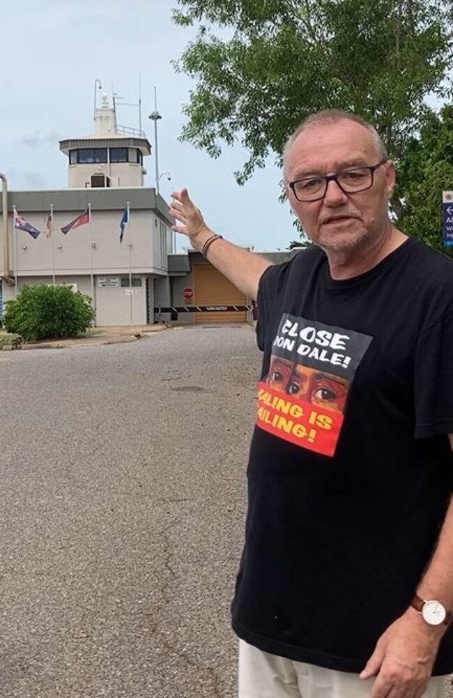 Close Don Dale group member Senior Counsel John Lawrence demonstrated outside the Youth Justice Centre on Christmas Day 2022, one year on from the first protest.