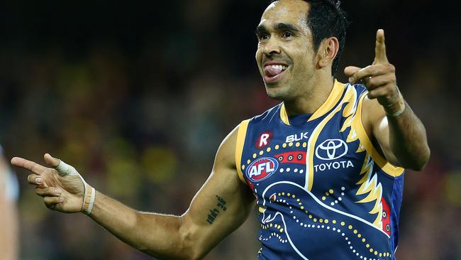 Eddie Betts celebrates a goal during Indigenous Round in 2016. Picture: Sarah Reed