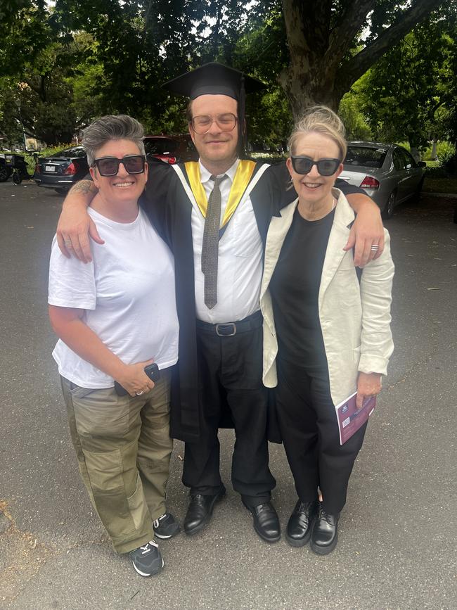 Frances Trimboli, Tom Ward (Bachelor of Fine Arts) and Louise Ward at the University of Melbourne graduations held at the Royal Exhibition Building on Saturday, December 14, 2024. Picture: Jack Colantuono