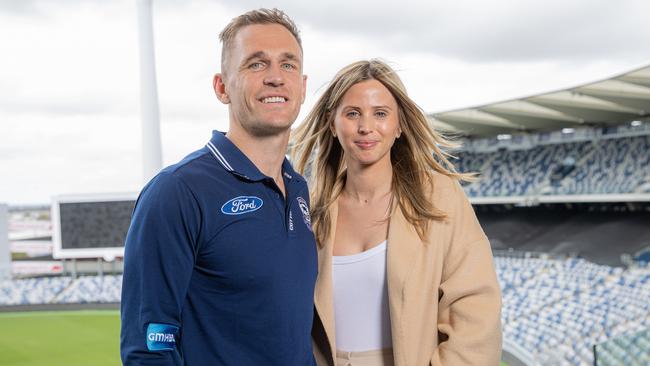 Joel Selwood and wife Brit after his retirement was announced. Jason Edwards