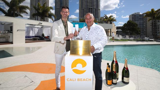 Artesian Group’s Matt Keegan and Mayor Tom Tate unveiling a plaque at the opening of Cali Beach Club. Picture: Glenn Hampson.