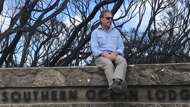 Southern Ocean Lodge co-owner James Baillie surveys the charred wreckage of his pride and joy.