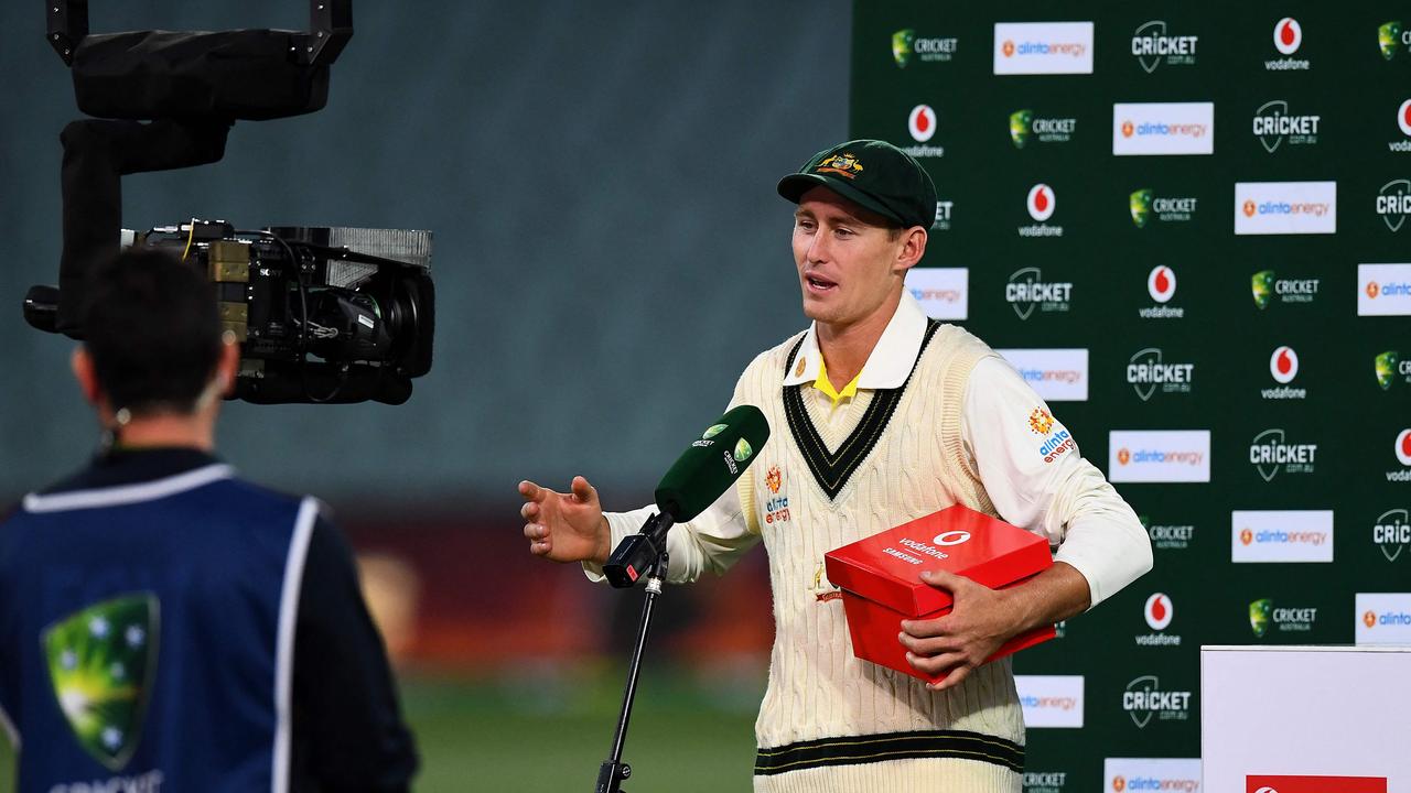 Marnus Labuschagne winning Man of the Match after the second Ashes Test in Adelaide. Picture: AFP.