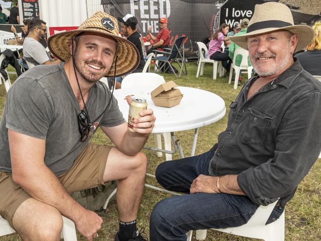 (from left) Matt Nielsen and Murray Nielsen at Meatstock, Toowoomba Showgrounds. Saturday, April 9, 2022. Picture: Nev Madsen.