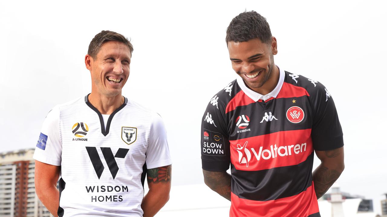 Macarthur’s Mark Milligan (left) and the Wanderers’ Kwame Yeboah will have to wait a few more days before facing off. Picture: Mark Evans/Getty Images