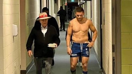 Indigenous leader ‘Uncle Bill’ Smith with his grandson, Eels playmaker, Will Smith at McDonald Jones Stadium in Newcastle earlier this season.