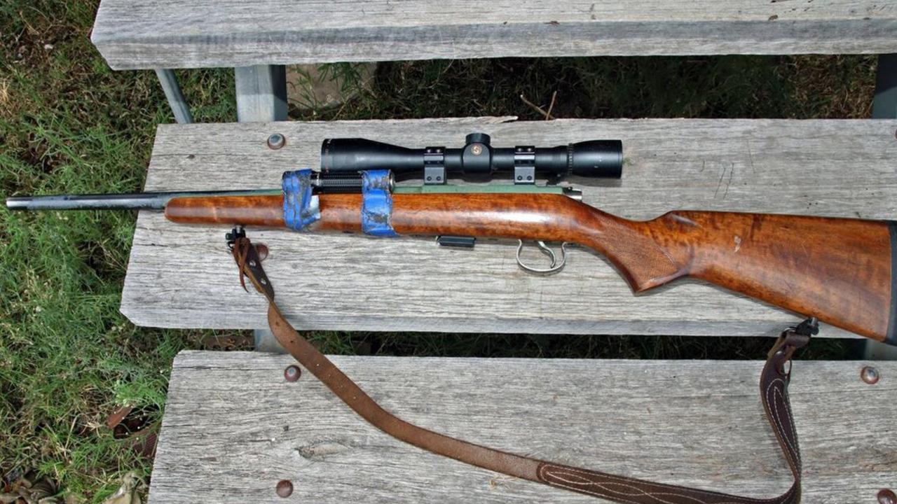 An image of a gun at the Wieambilla property shown at the inquest into the massacre.