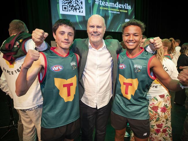 Rodney Eade with Tasmania players Jake Beams and Shaun Kongwa during last year’s Tasmania Football Club Launch at Hobart. Picture: Chris Kidd