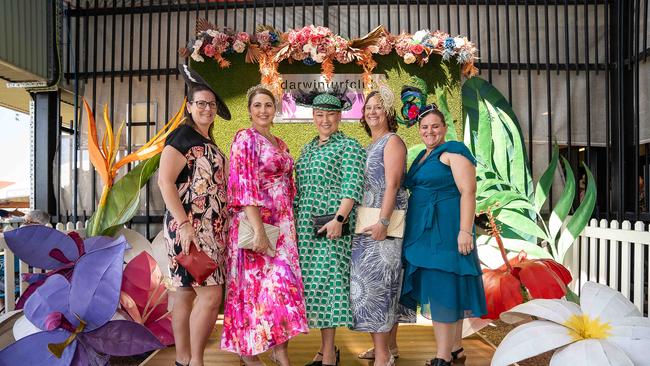 Amanda Holt, Nadia Rimmer, Rebecca Ralph, Dahna McMahon and Neisha Schilling at the 2023 Darwin Cup. Picture: Pema Tamang Pakhrin