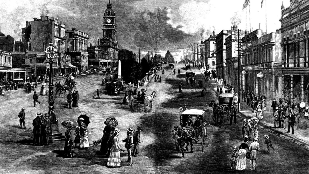 A drawing of Sturt Street, Ballarat, during the boom times of the Gold Rush