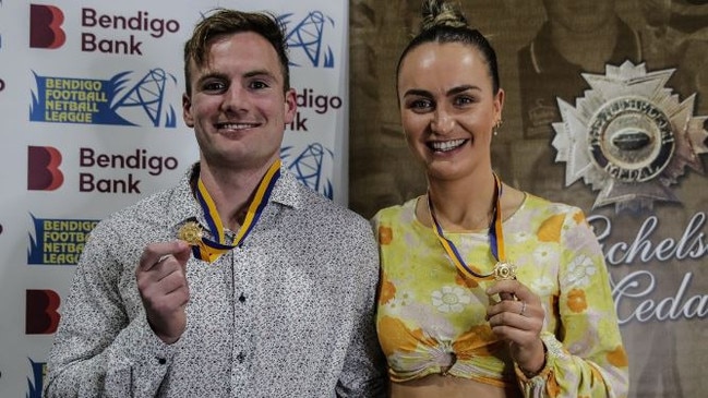 The Bendigo league’s senior football best and fairest winner, Jake Moorhead, Strathfieldsaye, and A-grade netball winner Maddy Stewart, Gisborne. Picture: SAA Imaging