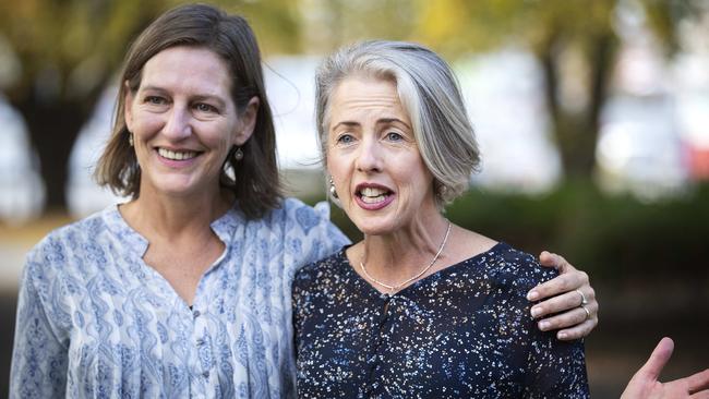 Tasmanian Greens leader Cassy O'Connor and Rosalie Woodruff at Parliament lawns, Hobart. Picture: Chris Kidd