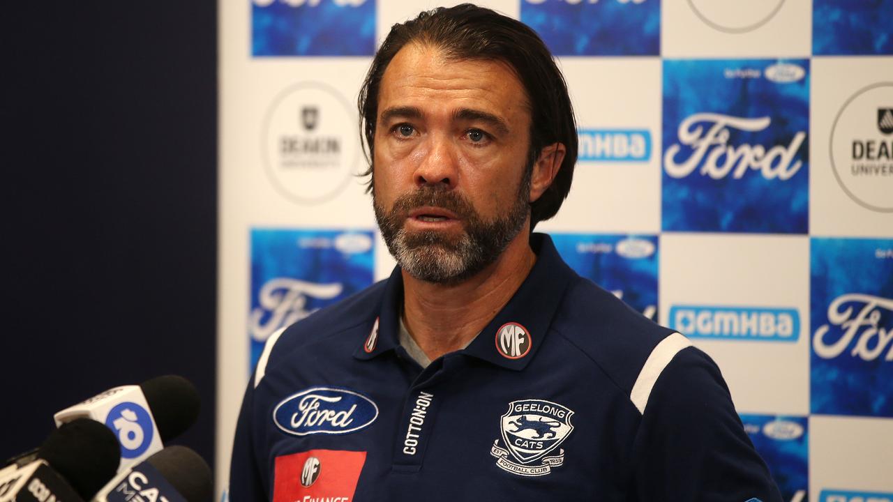 Chris Scott speaks to the media ahead of Geelong Cats training. Picture: Alison Wynd