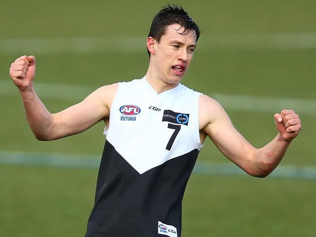 MELBOURNE, AUSTRALIA - AUGUST 20: Hugh McCluggage of the North Ballarat Rebels celebrates a goal during the round 17 TAC Cup match between North Ballarat and Eastern Ranges at Eureka Stadium on August 20, 2016 in Melbourne, Australia. (Photo by Jack Thomas/AFL Media/Getty Images)