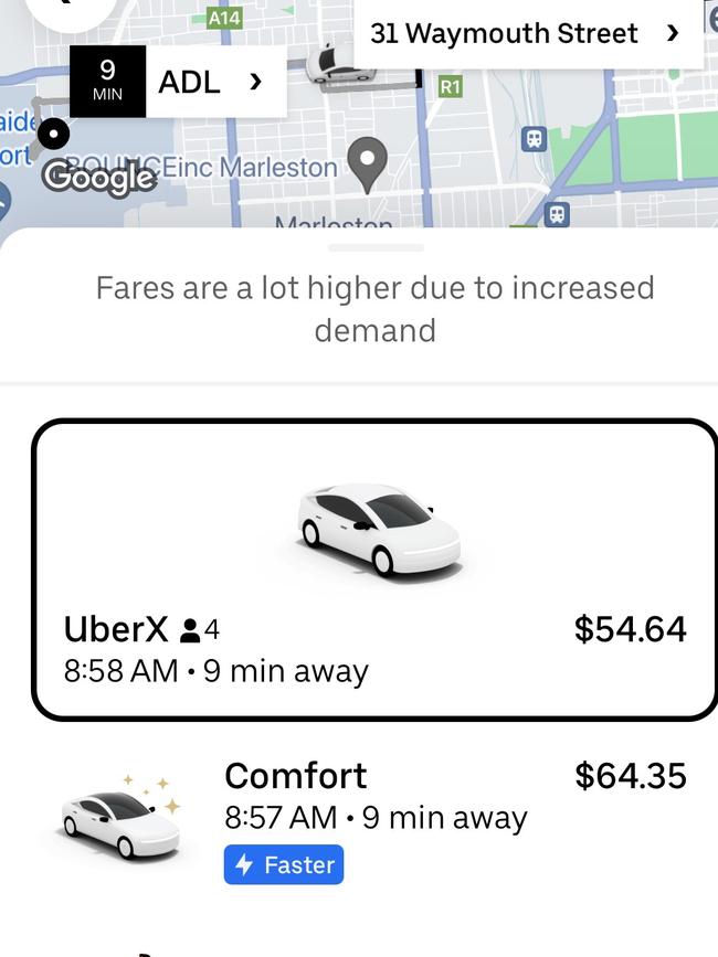 Cost of an Uber fare from Adelaide Airport to The Advertiser at 8.30am on August 26. Picture: Tara Miko