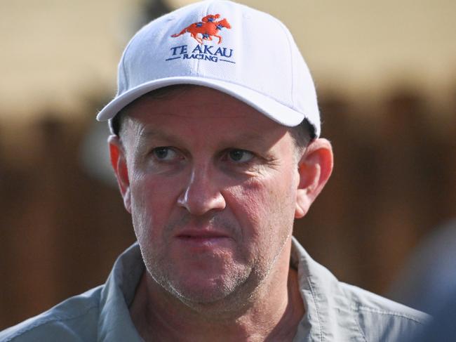 MELBOURNE, AUSTRALIA - FEBRUARY 12: Trainer Mark Walker speaks to the media after Imperatriz ridden by Michael Dee galloped at Moonee Valley Racecourse on February 12, 2024 in Melbourne, Australia. (Photo by Vince Caligiuri/Getty Images)