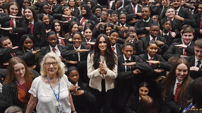 Meghan at the Robert Clack Upper School in Dagenham, east London, on Friday. Picture: AP