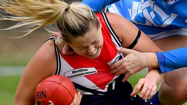 Katie Brennan shrugs a Lauren Senserrick tackle in the VFLW this season