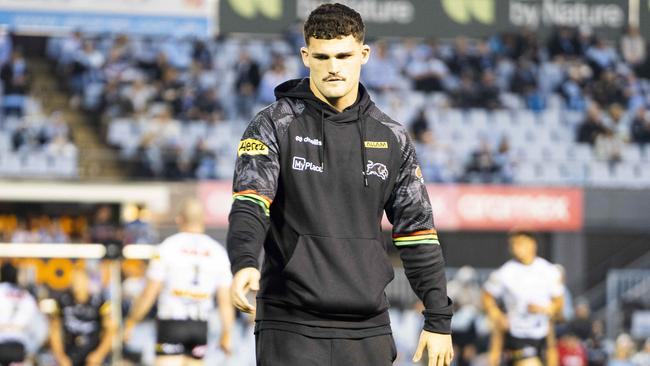 Injured Panthers and NSW star Nathan Cleary at tonight's NRL clash between the Cronulla Sharks and the Penrith Panthers at Shark Park. Photo: Tom Parrish