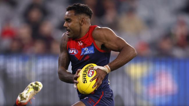 Melbourne star Kysaiah Pickett enjoyed one of the best nights of his career with 21 disposals and four goals in the two-point loss to Port Adelaide. Picture: Darrian Traynor / Getty Images