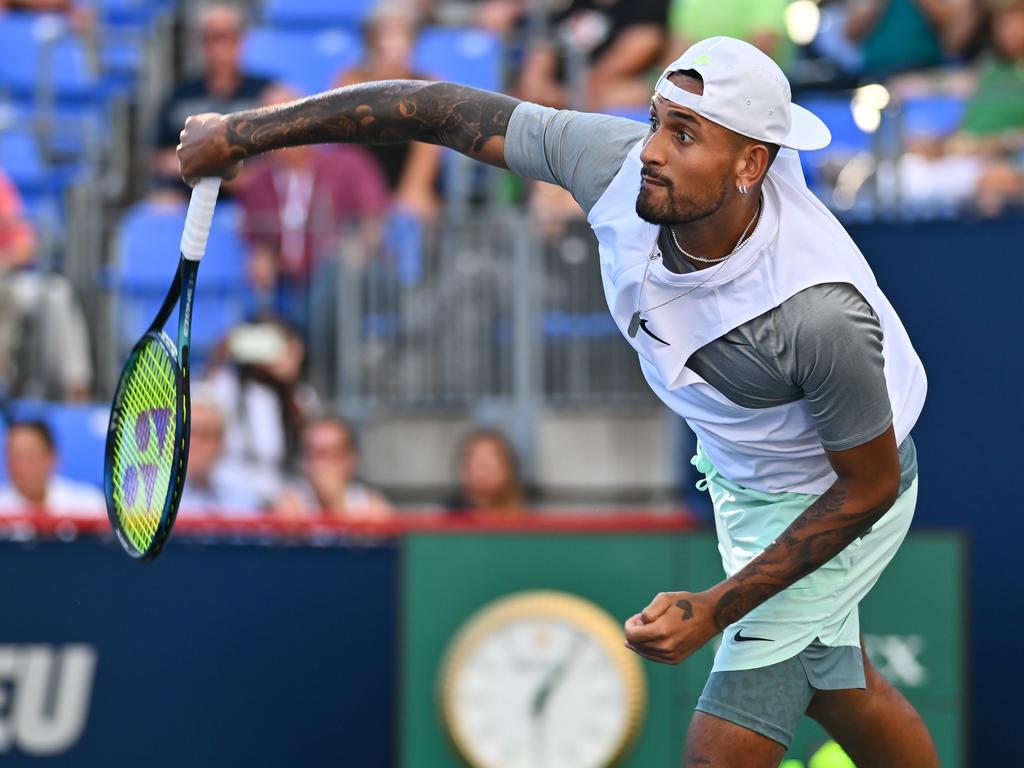 Nick Kyrgios in action against Alex de Minaur last week. Picture: Minas Panagiotakis/Getty Images/AFP