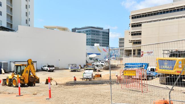 Construction work is underway at a former CBD carpark opposite the council building. Picture: Shae Beplate.