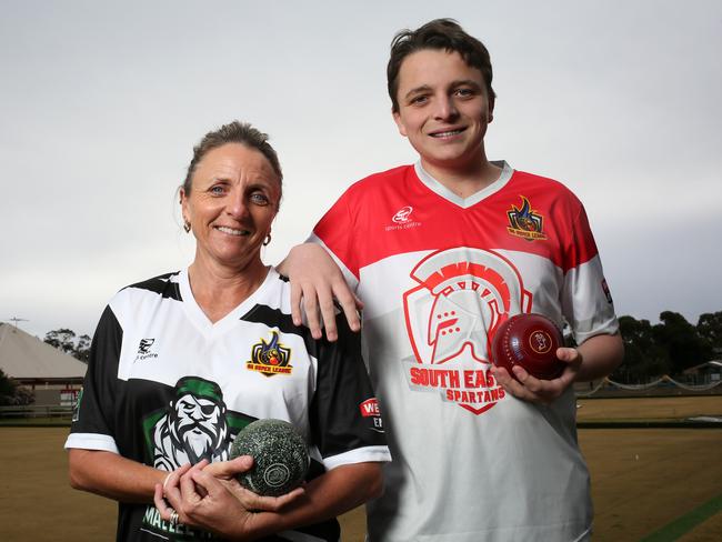 Mallee Pirates bowler Cath Greenslade and her 15-year-old son Danyon, who will be playing for the South Eastern Spartans in the new SA Super League. Picture: AAP/Emma Brasier.