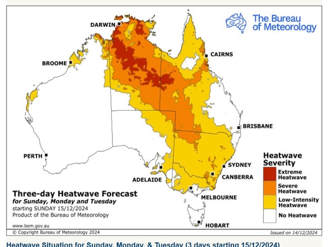 Every state and territory, bar Tasmania, will see a heatwave. Picture: BOM.