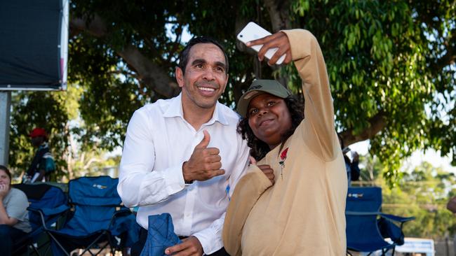 Eddie Betts snaps a selfie with the fans at the Gold Coast Suns vs Geelong Cats Round 10 AFL match at TIO Stadium. Picture: Pema Tamang Pakhrin