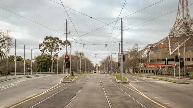 An empty St Kilda Road in August 2021. Picture: Getty