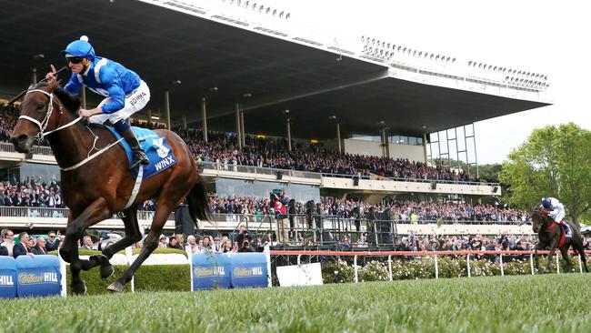 Winx gapped her rivals, including James McDonald on Hartnell, in the 2016 Cox Plate. Picture: George Salpigtidis