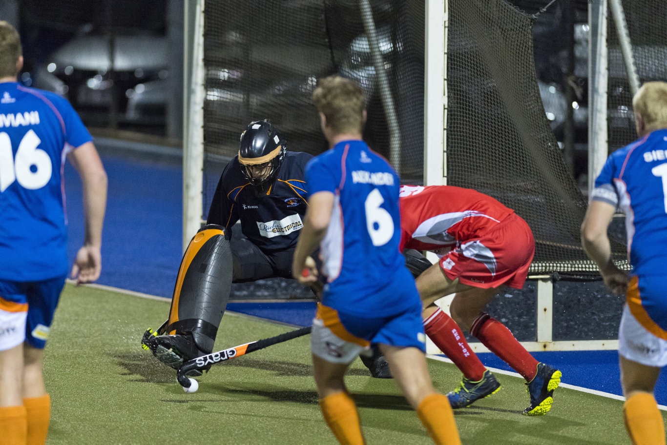 Newtown keeper Michael Elsasser defends against the Red Lion attack in Toowoomba Hockey COVID Cup men round four at Clyde Park, Friday, July 31, 2020. Picture: Kevin Farmer