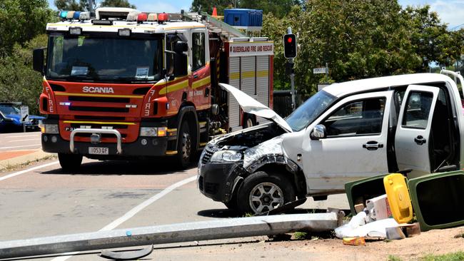 A stolen dual cab ute crashed into a pole at Garbutt. Picture: Natasha Emeck