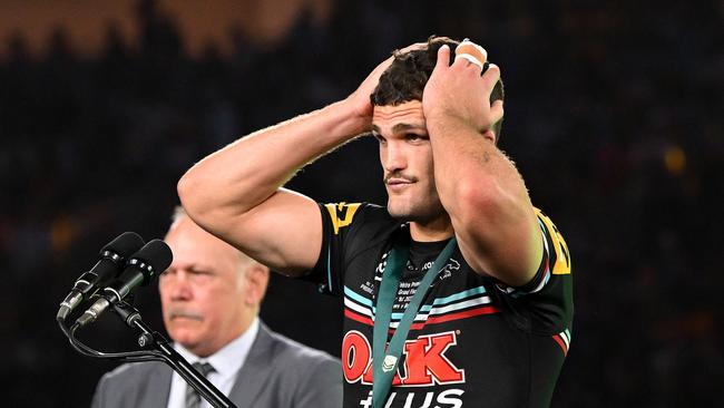 SYDNEY, AUSTRALIA - OCTOBER 01: Nathan Cleary of the Panthers reacts after receiving his winners' medal during the 2023 NRL Grand Final match between Penrith Panthers and Brisbane Broncos at Accor Stadium on October 01, 2023 in Sydney, Australia. (Photo by Bradley Kanaris/Getty Images)