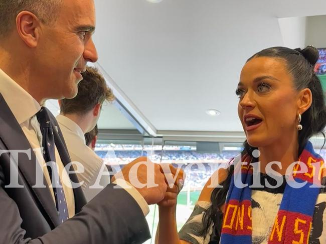 EXCLUSIVE - NO NEWS>COM , NO AUS . CHECK WITH SA BEFORE RUNNING . South Australian Premier Peter Malinauskas with pop star Katy Perry at the AFL Grand final . Picture: Gemma Jones