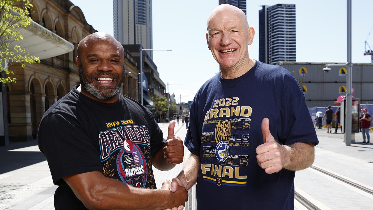 Former Penrith Panthers player Rhys Wesser and Parramatta Eels legend Peter Wynn ahead of the 2022 NRL grand final. Picture: Richard Dobson