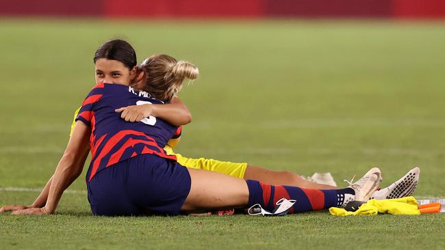 Kristie Mewis and Sam Kerr share a moment after a game at the Olympics. Picture: Francois Nel/Getty Images