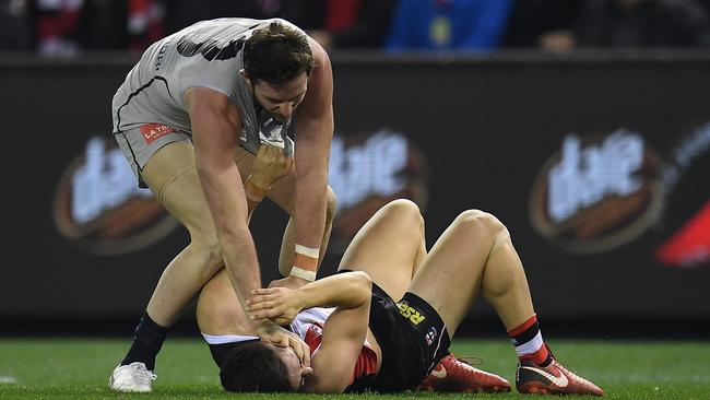 Jed Lamb has been offered suspension for this scuffle with Jade Gresham on Friday night. Picture: AAP