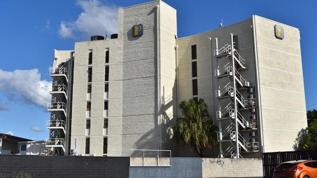 The exit stairs at the rear of the Rockhampton Plaza Hotel building from the back laneway.