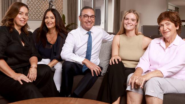 Premier Steven Marshall and his family, Sisters Jenny Richardson, Kerrin Barreau, Mother Barbara Marshall and Georgie Marshall. Picture: Kelly Barnes