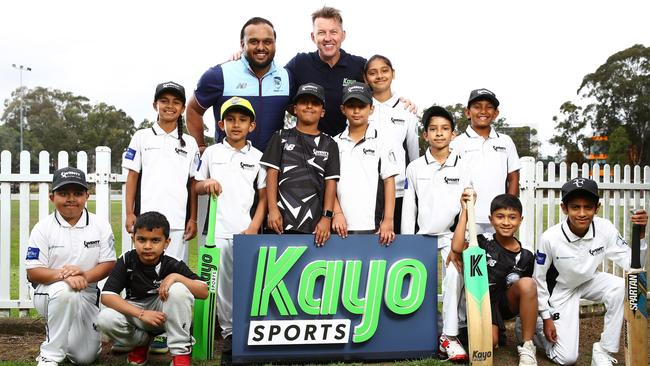 Brett Lee and Cricket NSW Cricket Manager Suffan Hassan joins western Sydney junior cricketers at Wenty Leagues Cricket Club, to announce dedicated Hindi feed on Kayo Sports for Test cricket this summer. Photo: Kayo Sports / Brett Costello