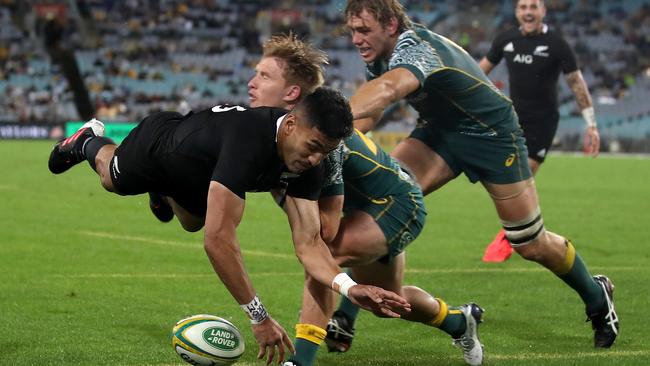 Rieko Ioane scores one of six tries for the All Blacks in Sydney Picture: Getty Images