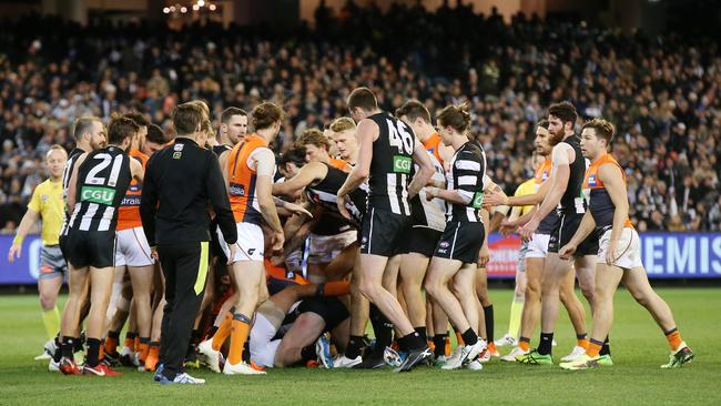 The half time melee came after a De Goey goal. Pic: Michael Klein