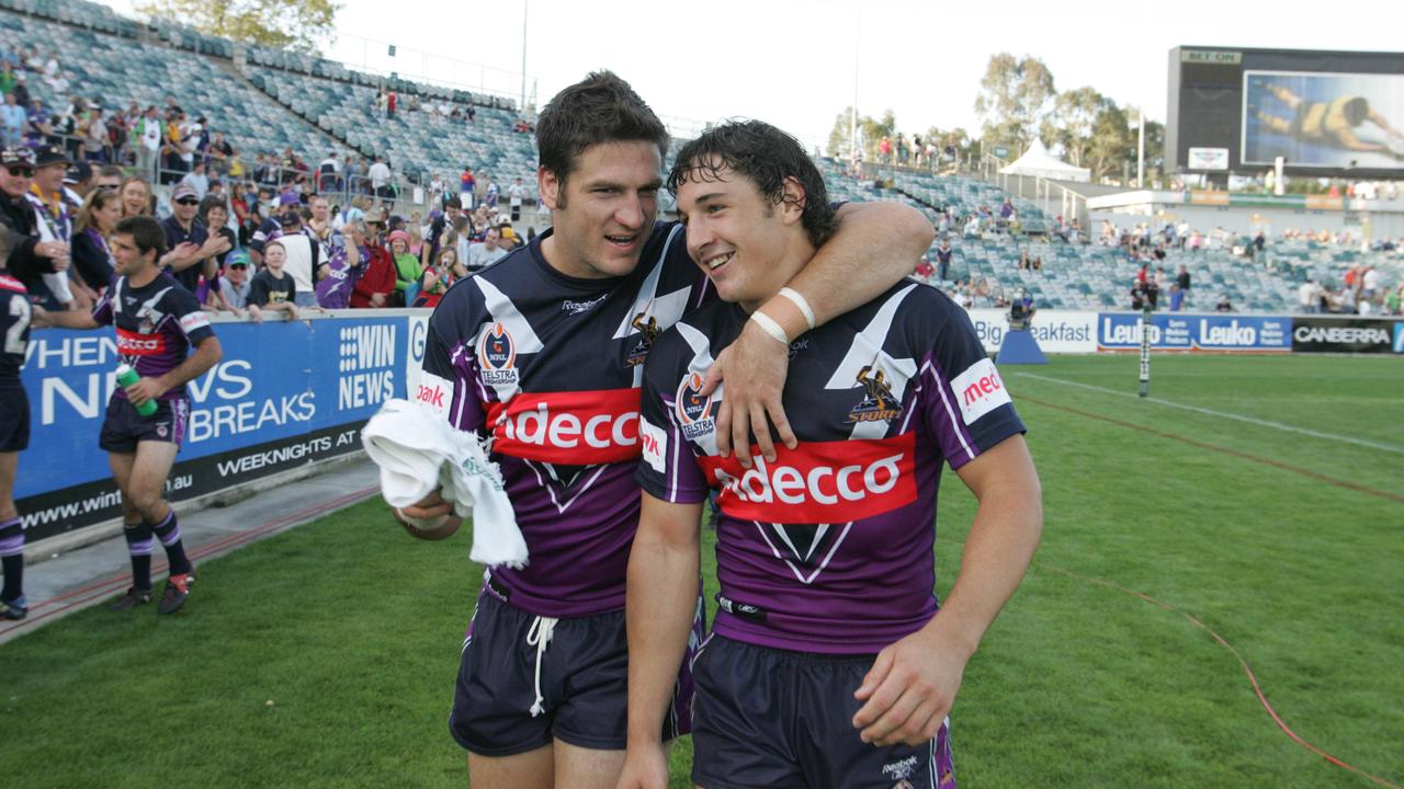 Scott (L), pictured with Billy Slater, would end his career with a season at the Storm. Picture: Mark Evans