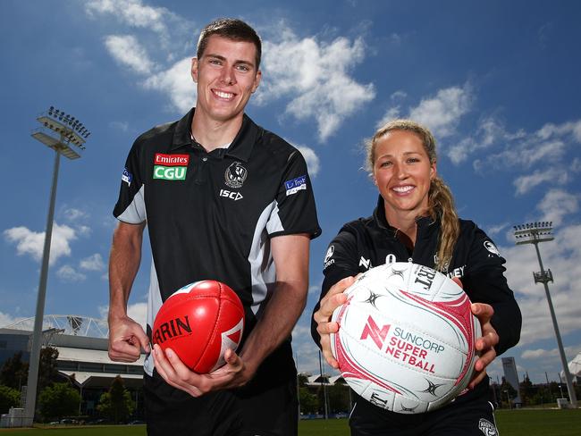 Mason Cox of the Magpies’ AFL team and the Magpies' Super Netball latest recruit Erin Bell.