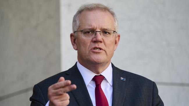 CANBERRA, AUSTRALIA - AUGUST 20: Prime Minister Scott Morrison speaks during a press conference on August 20, 2021 in Canberra, Australia. Morrison has confirmed 94 evacuees from Kabul had arrived in Perth in the early hours of this morning as part of Australia's evacuation mission in Afghanistan, with an additional 60 evacuees were transferred from Kabul to the base in the UAE last night, a combination of Australians and Afghan visa holders. (Photo by Rohan Thomson/Getty Images)