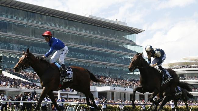 Kerrin McEvoy screams with joy as Cross Counter wins the Lexus Melbourne Cup. Pic: Getty Images