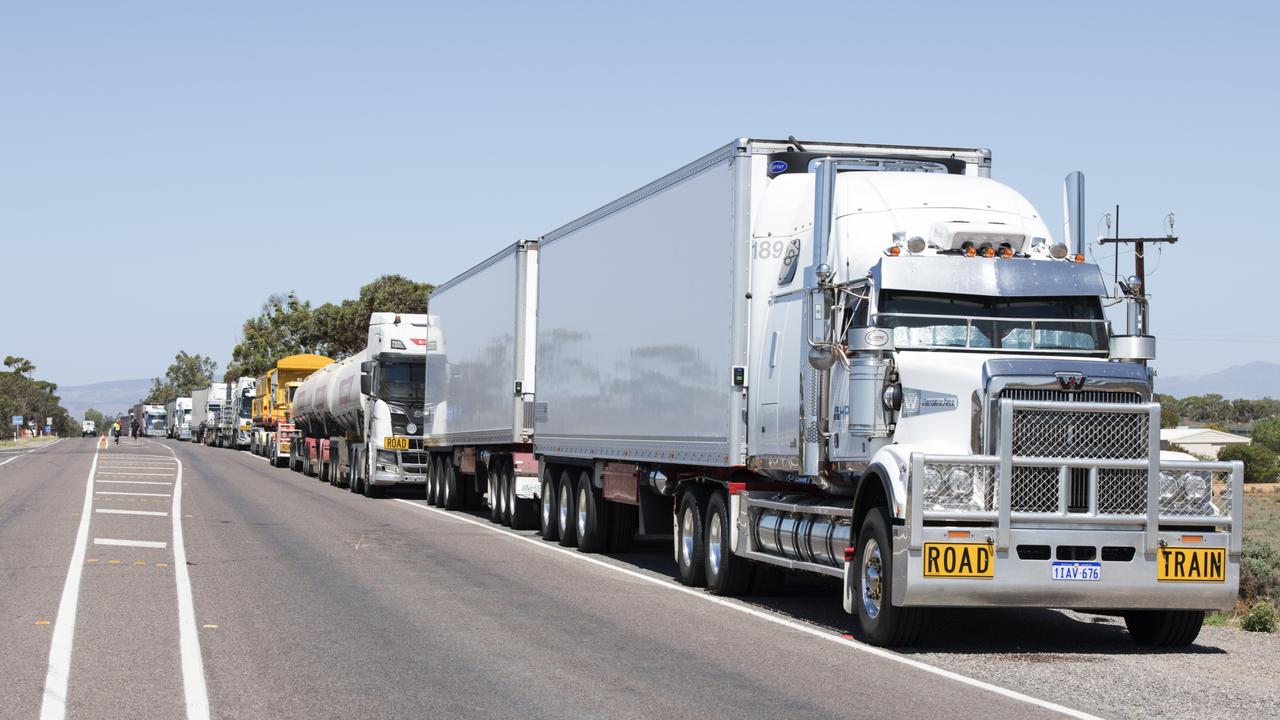 Trucks were queued for kilometres along the Eyre Hwy on Tuesday afternoon after a fatal crash at Lincoln Gap, west of Port Augusta. Picture: Peter Taylor