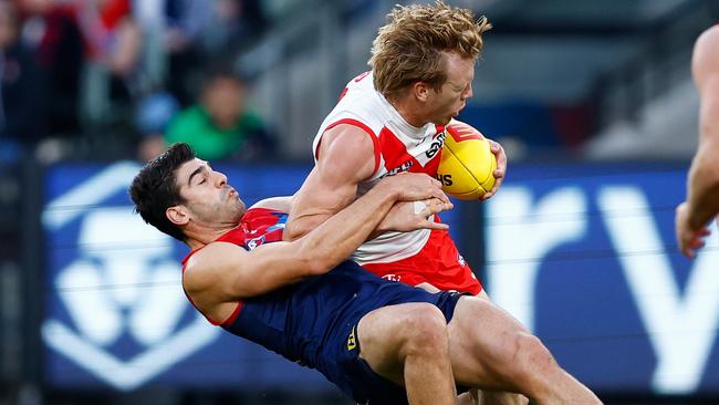 Melbourne’s seasoned midfield trio of Christian Petracca, Clayton Oliver and Jack Viney had far more influence than the Swans midfield in round 3. Picture: Michael Willson / Getty Images