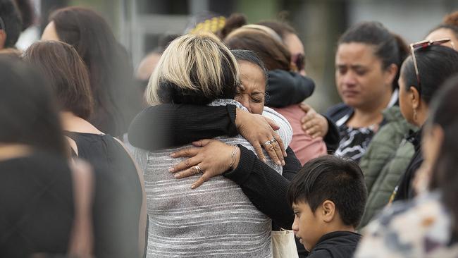 Family and friends of victims of the White Island eruption gather in Whakatane on Fridat in Whakatane, New Zealand. Picture: Getty Images)